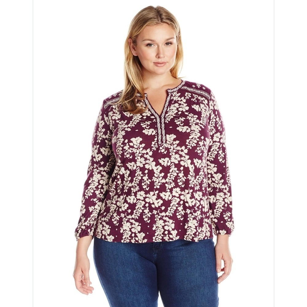NWT New $70 Lucky Brand Split Neck Purple Floral Cotton Top Size 1X